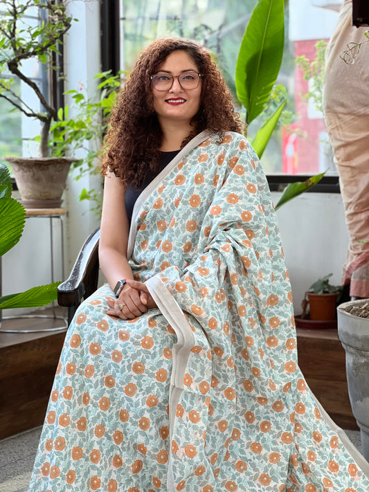 White Printed Cotton Saree