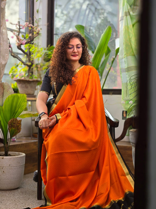 Orange Black Mysore Crepe Silk Saree