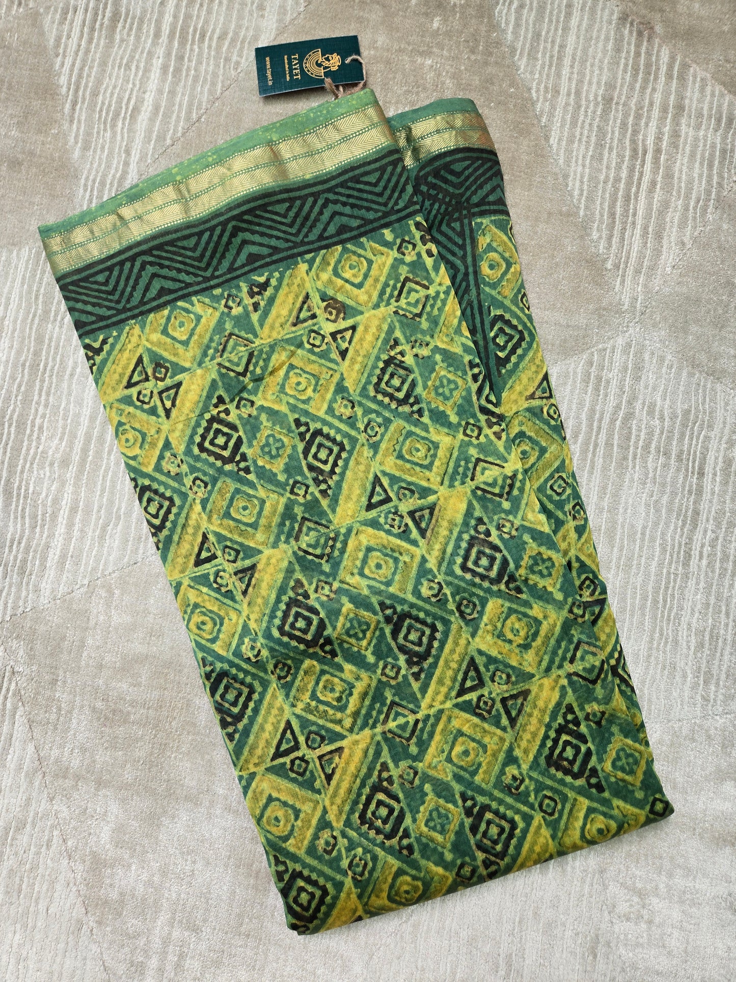 Green Silk Cotton Handblock Saree