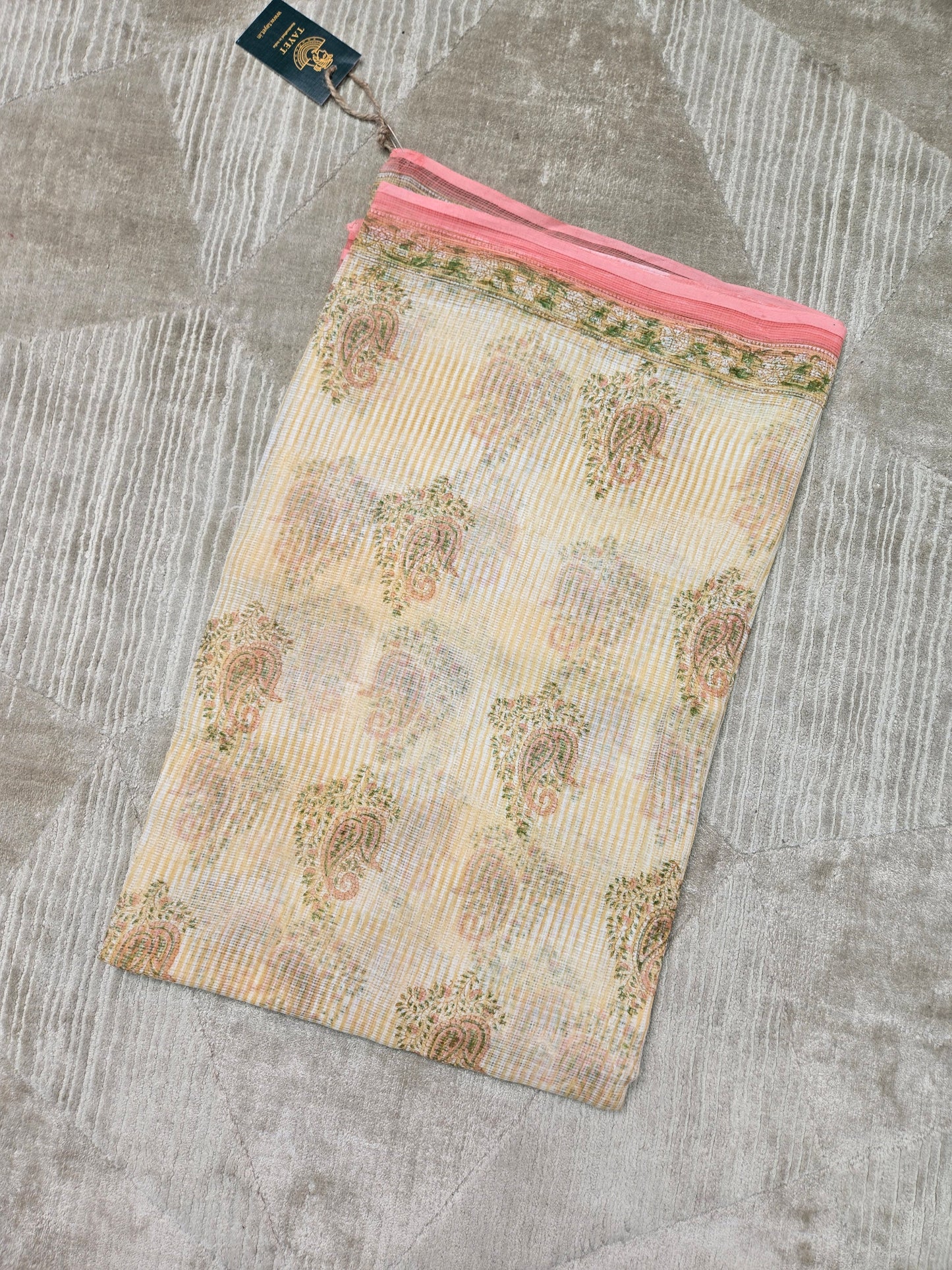 WHITE PEACH HANDBLOCK KOTA DORIYA SAREE