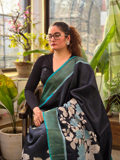 Black Kantha Pure Silk Saree