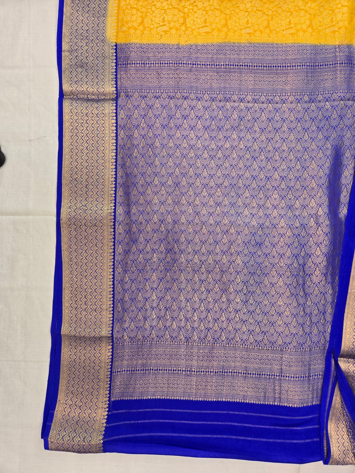 Yellow Blue Mysore Crepe Silk Saree