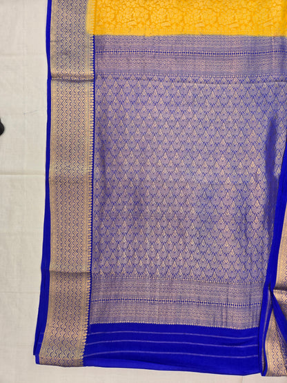 Yellow Blue Mysore Crepe Silk Saree