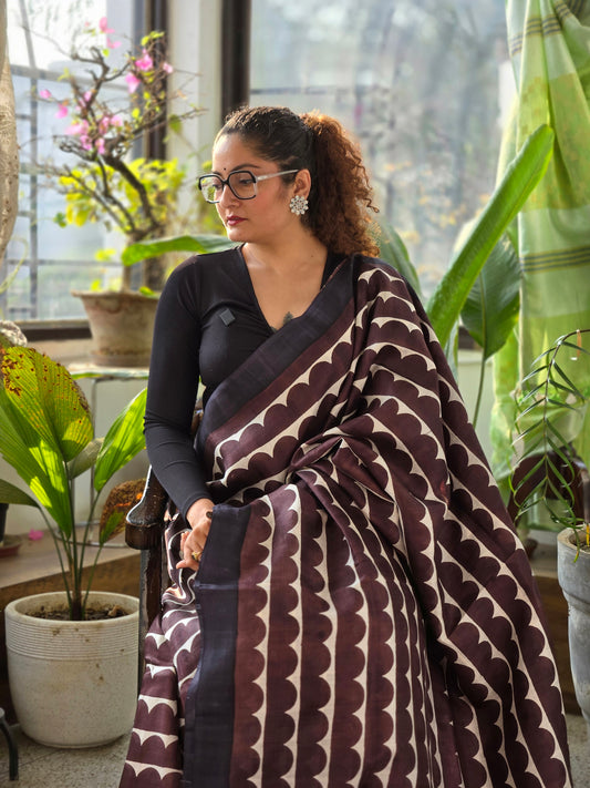 Brown Pure Silk Handblock Printed saree