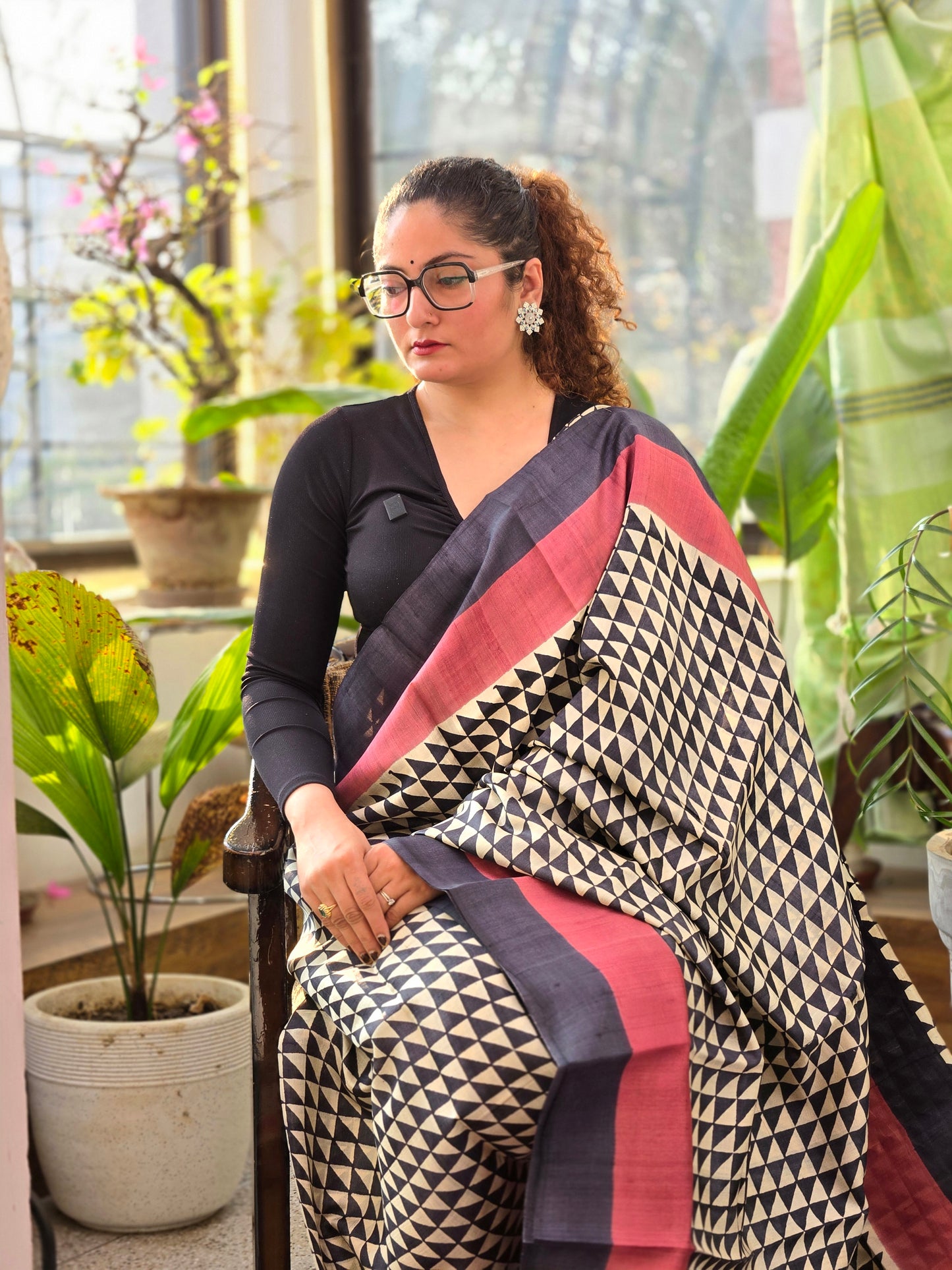 Black White Printed Silk Saree