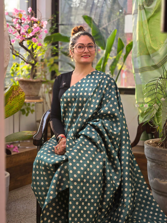 Teal Blue Painted Silk Saree