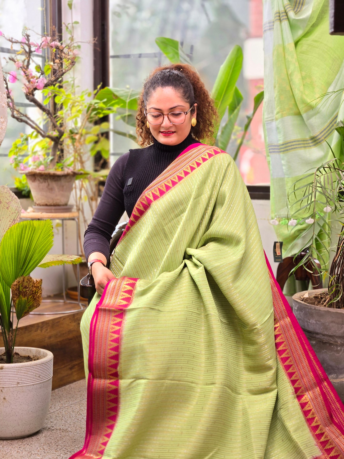 Mint Green Pink Mysore Crepe Silk Saree