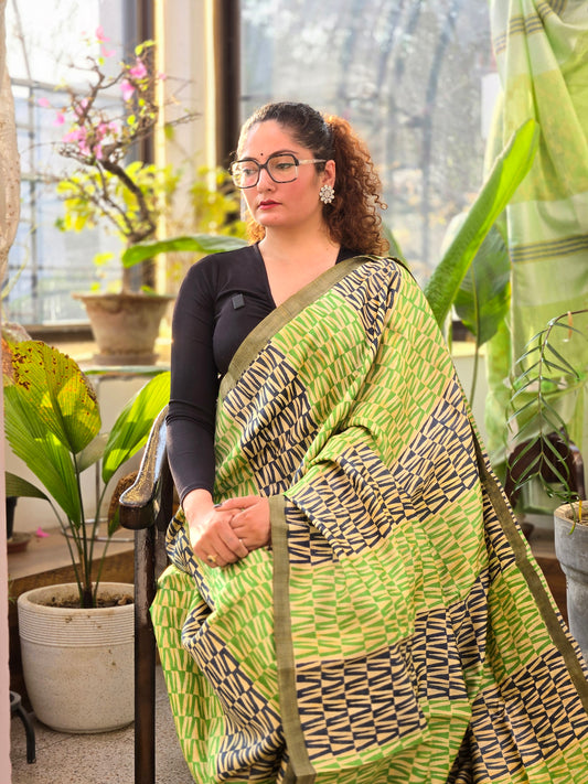 Green Blue Printed silk Saree