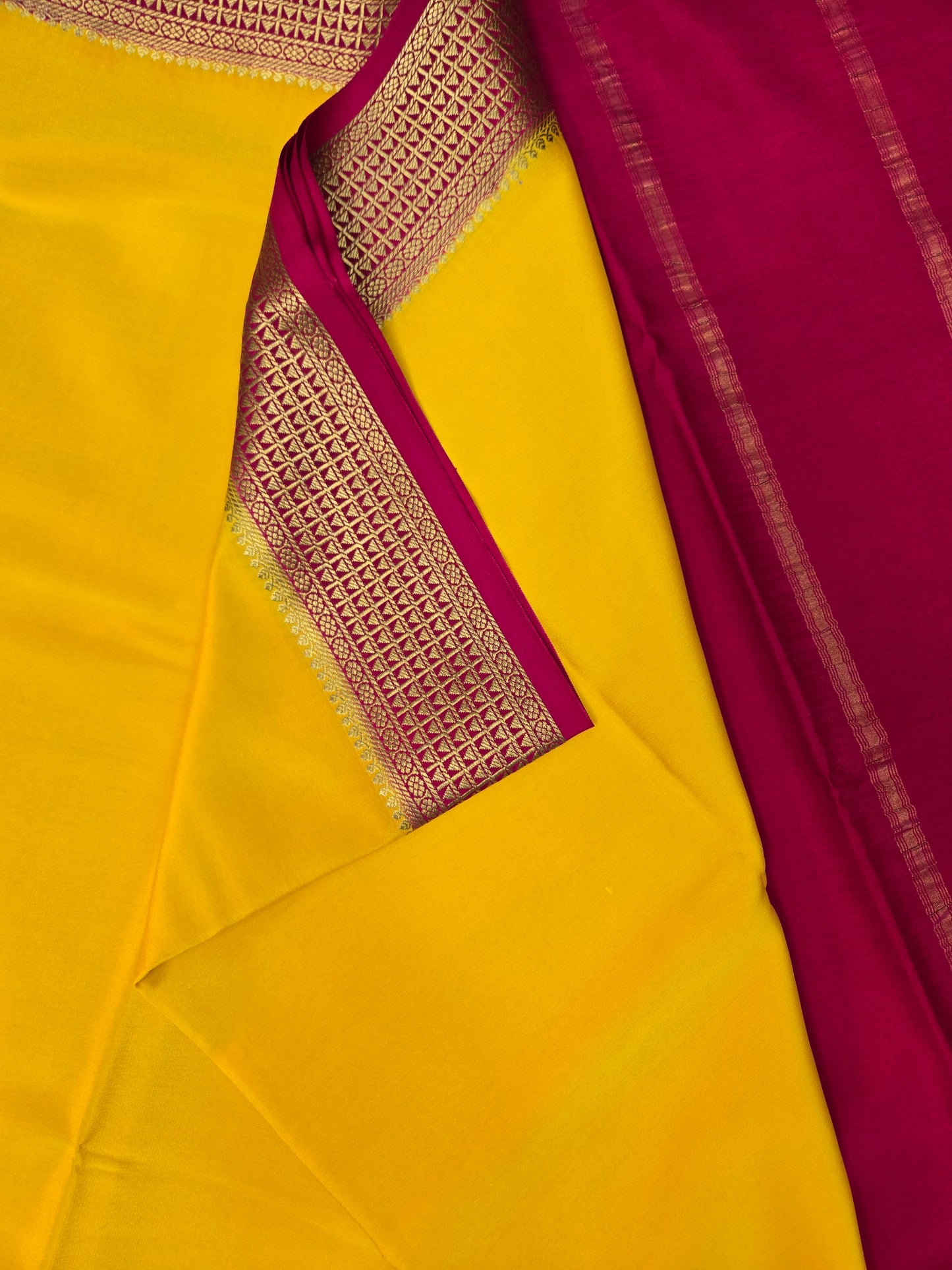 Yellow Pink Mysore Crepe Silk Saree