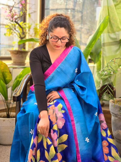 Blue Kantha Pure Silk Saree