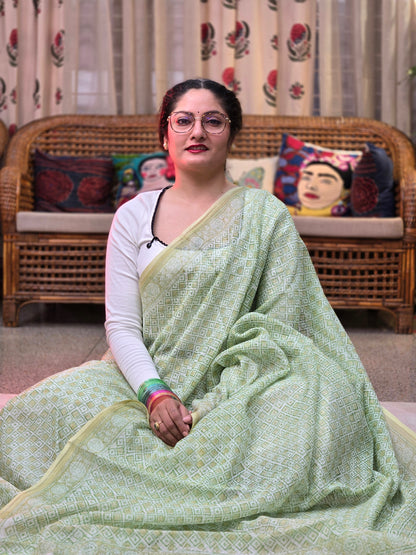 GREEN HANDBLOCK KOTA DORIYA SAREE