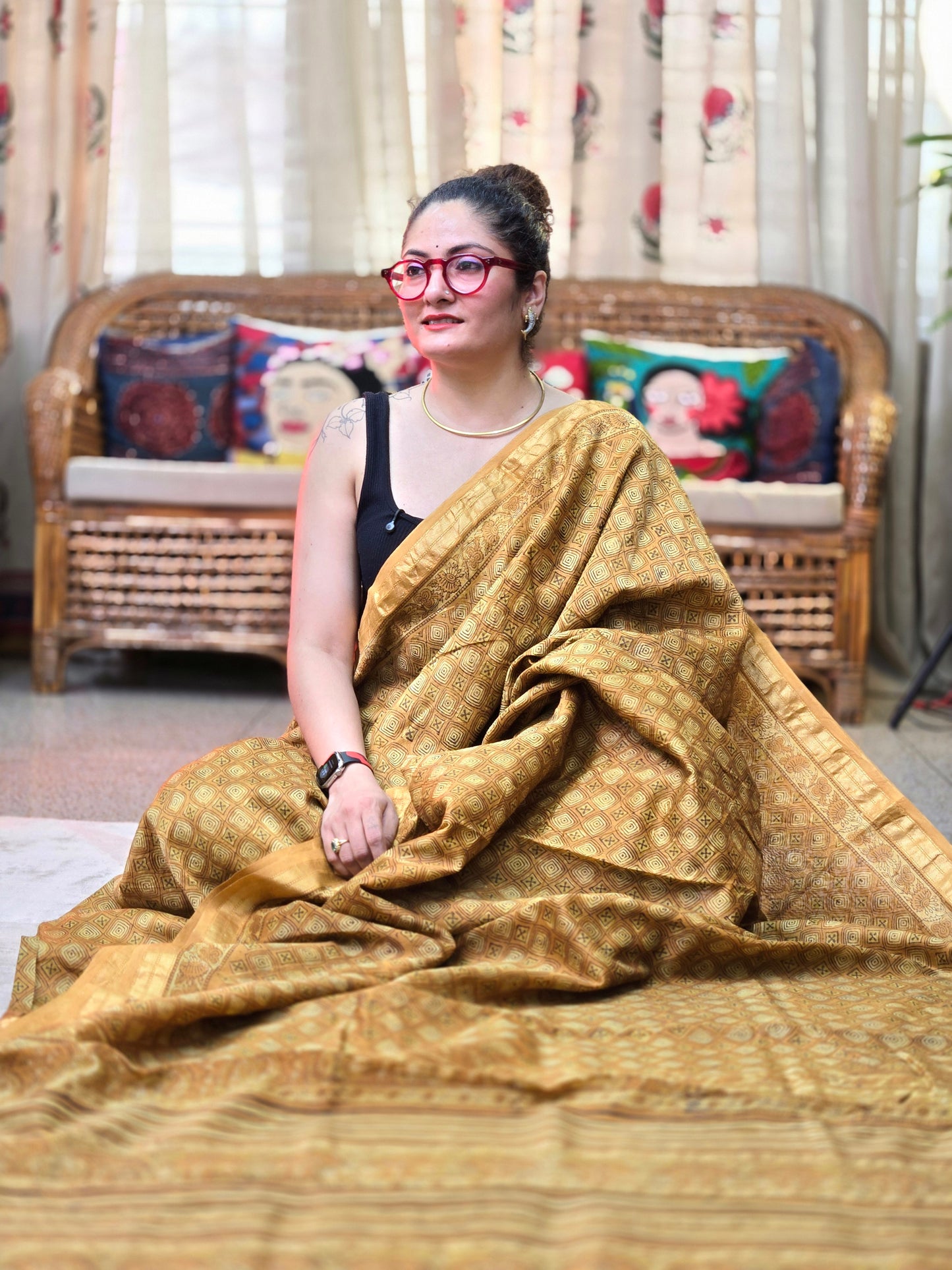 YELLOW SILK COTTON HANDBLOCK SAREE