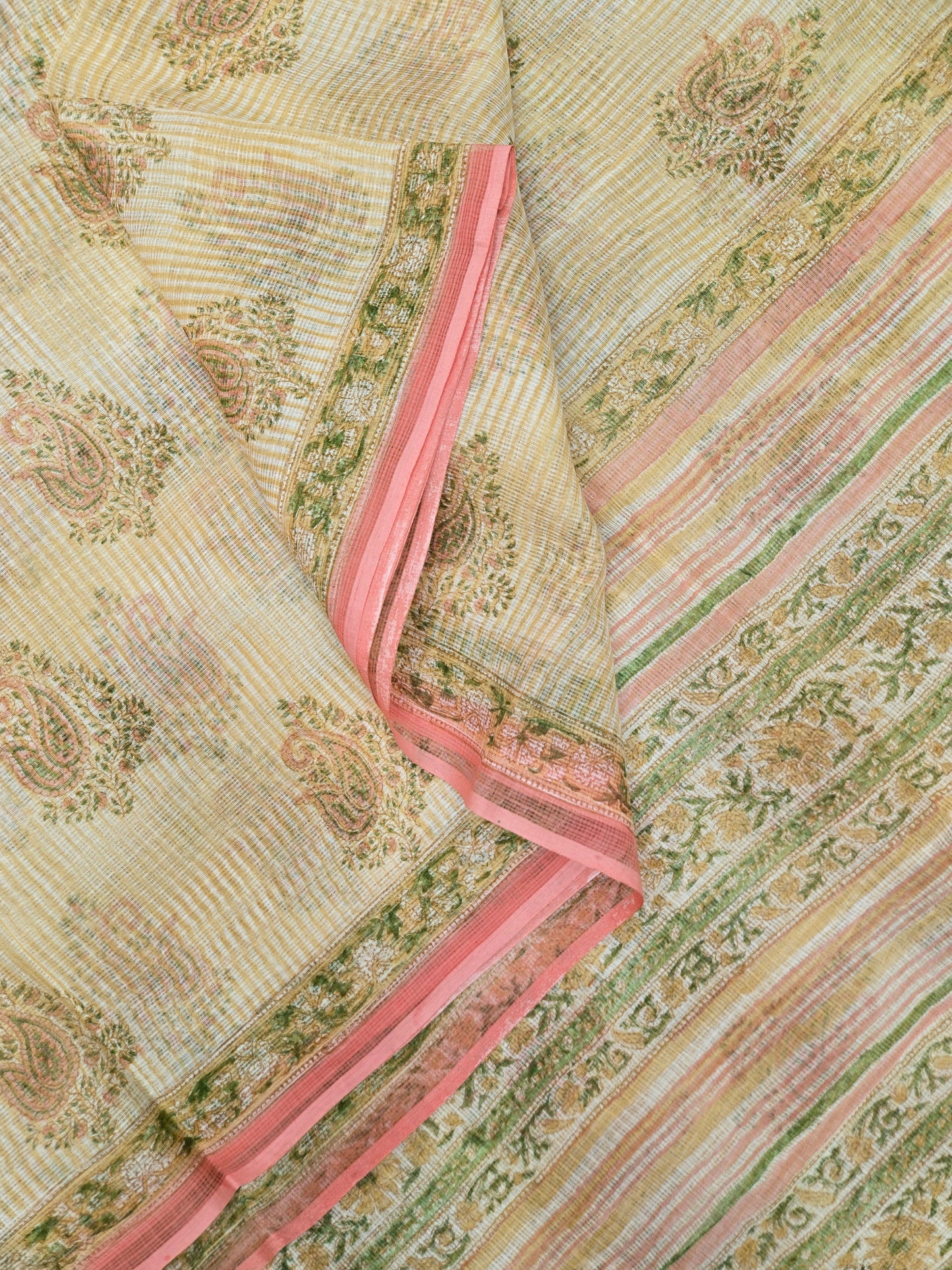 WHITE PEACH HANDBLOCK KOTA DORIYA SAREE