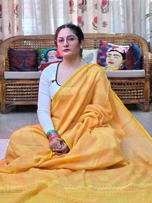 YELLOW HANDBLOCK KOTA DORIYA SAREE