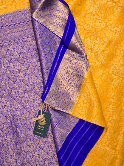 Yellow Blue Mysore Crepe Silk Saree