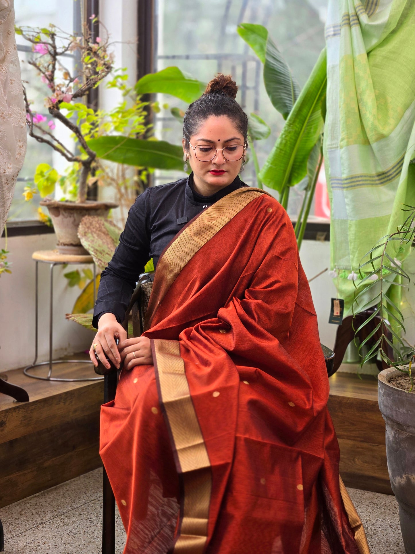 Rust Orange Maheshwari Silk Cotton Saree