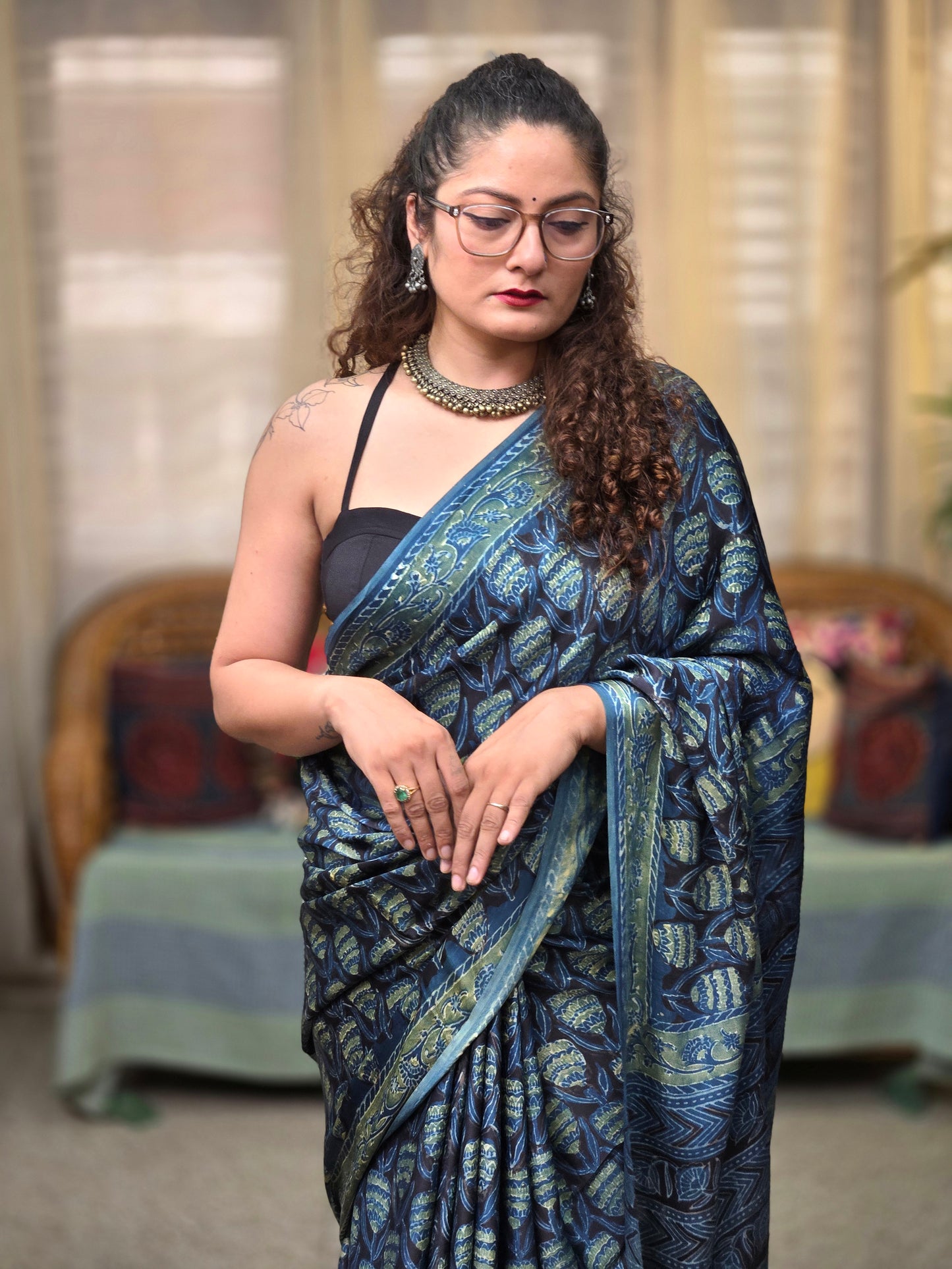 Blue Handblock Printed Modal Silk Saree