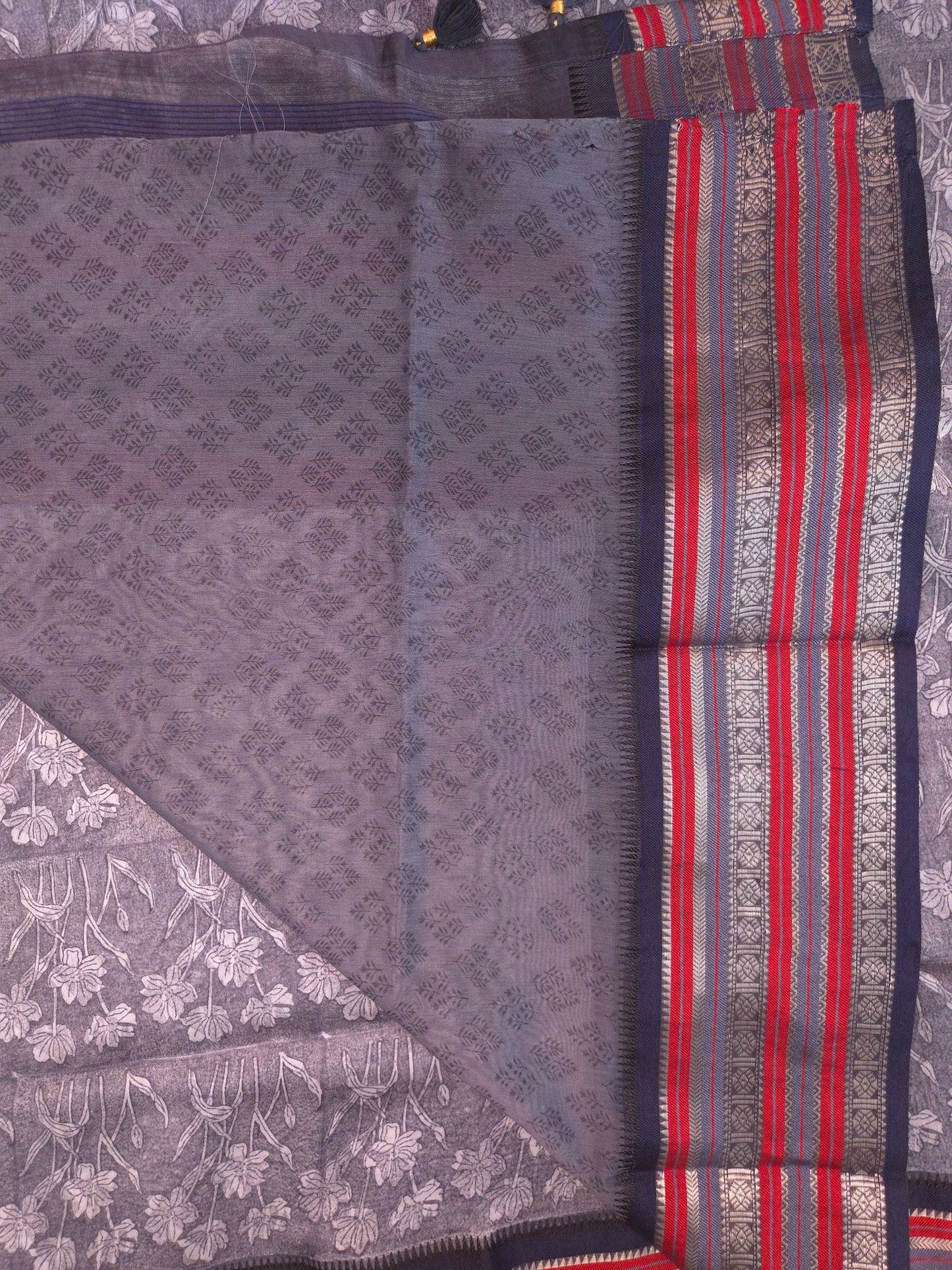 Grey Printed Silk Cotton Saree 6