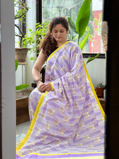 Purple Yellow Printed Saree