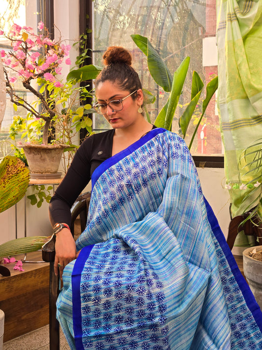 Blue Printed Pure Silk Saree