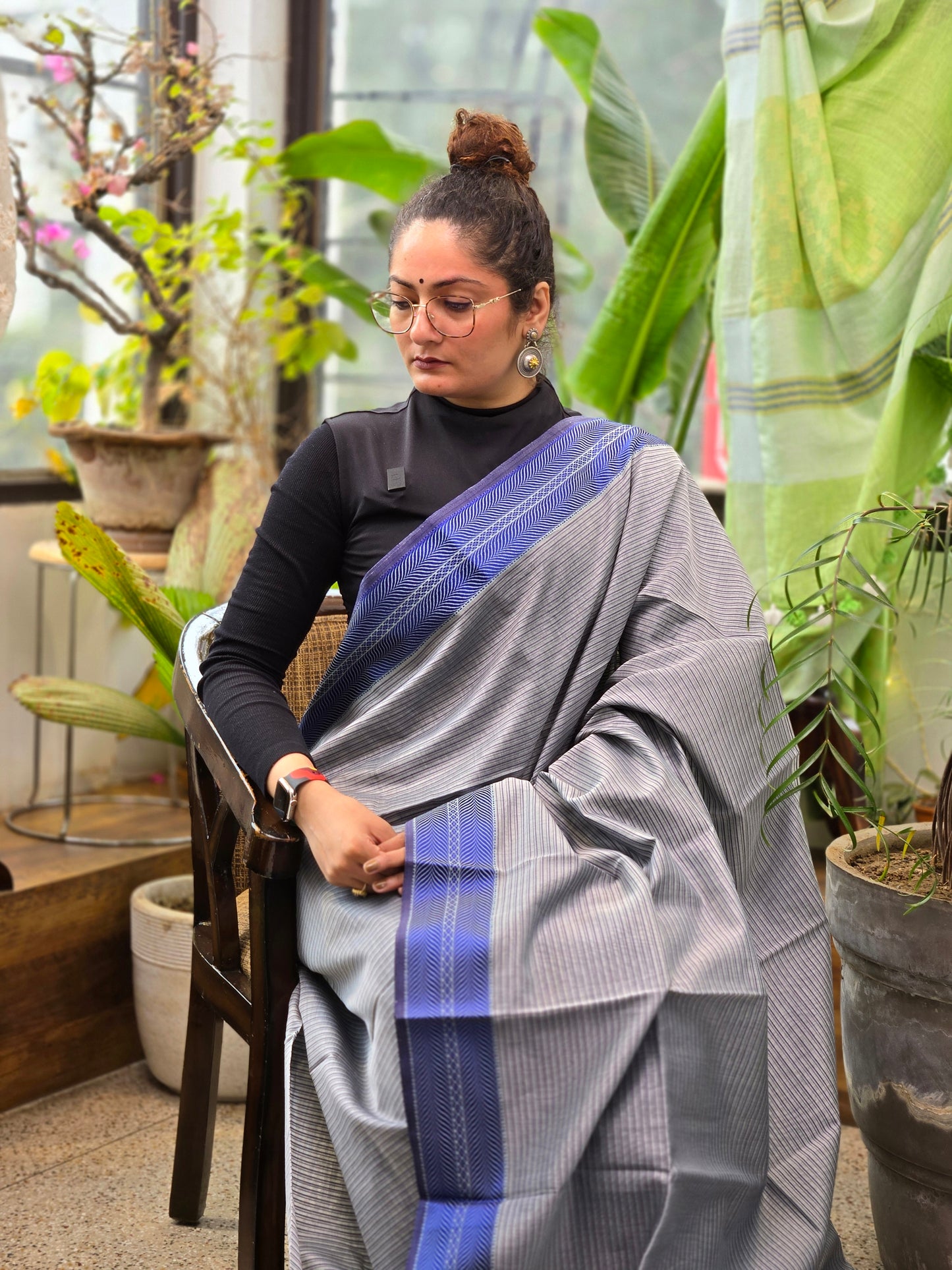 Grey Blue Maheshwari Silk Cotton Saree