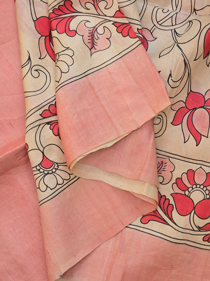 Beige Pink Silk Kalamkari Saree