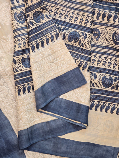 Blue Printed Tussar Saree