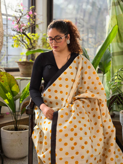 White Polka Dot Pure Silk Saree