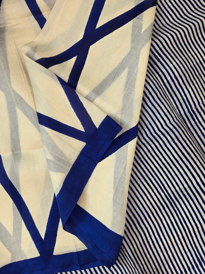 White Blue Printed Silk Saree