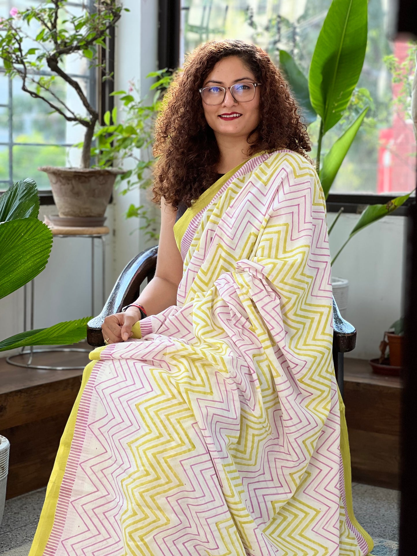 Olive Pink Printed Cotton Saree