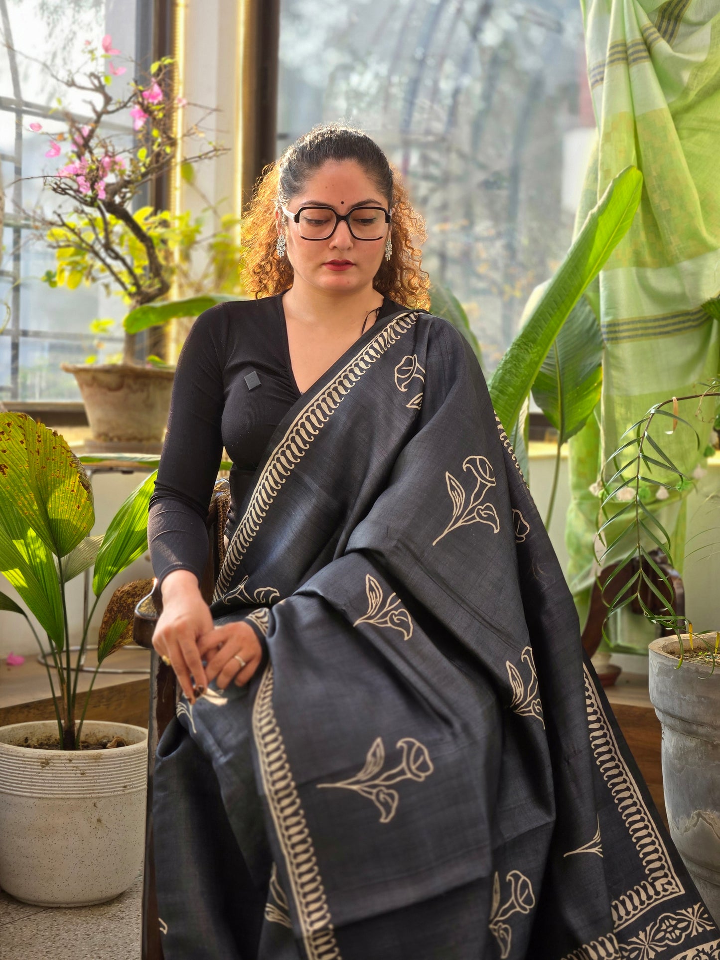 Black Pure Silk Printed Saree