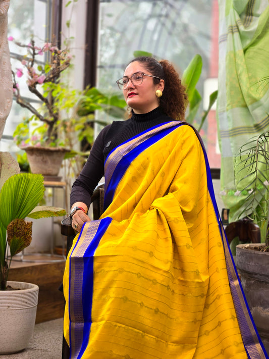 Yellow Blue Mysore Crepe Silk Saree