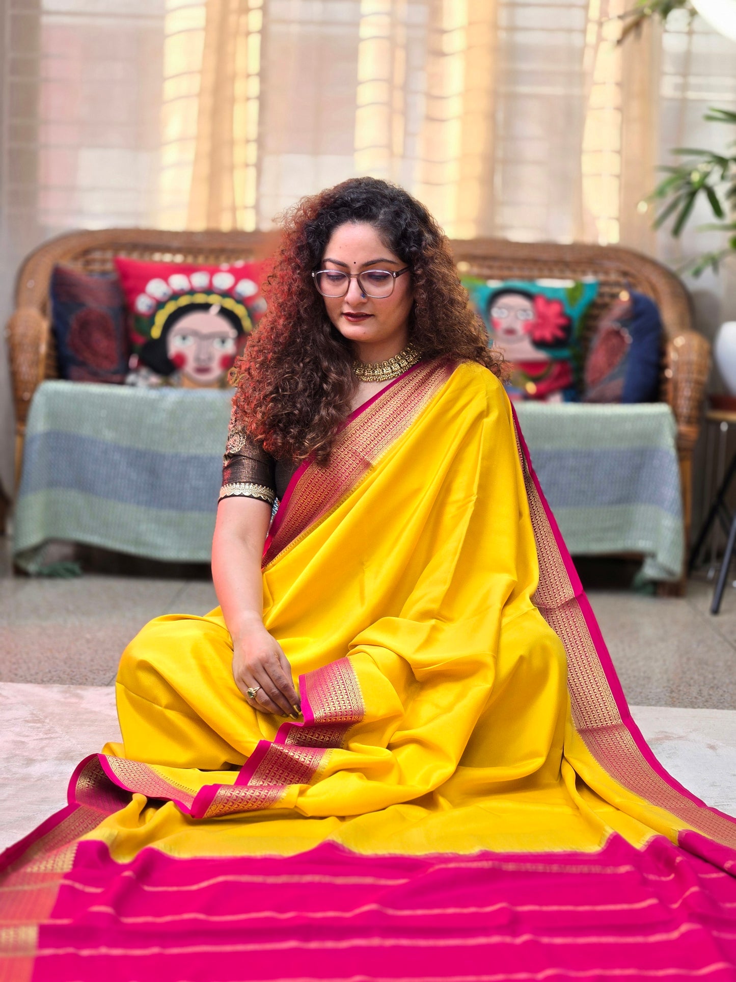 Yellow Pink Mysore Crepe Silk Saree