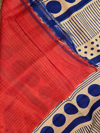 Blue Printed Tussar Silk Saree