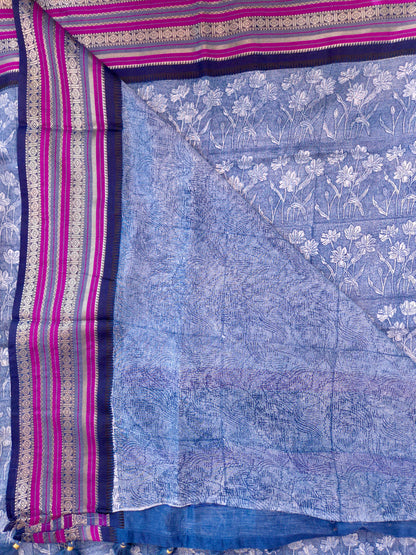 Blue Printed Silk Cotton Saree 4