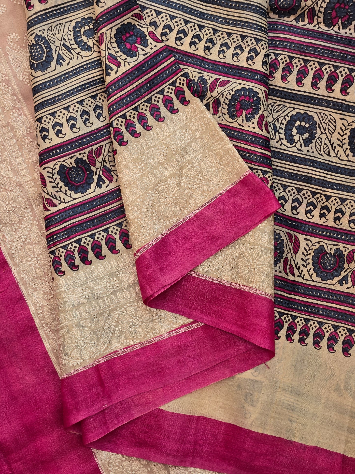 Blue Pink Printed Silk Saree