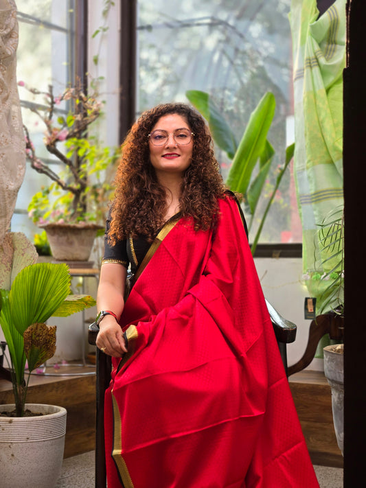 Red Black Mysore Crepe Silk Saree