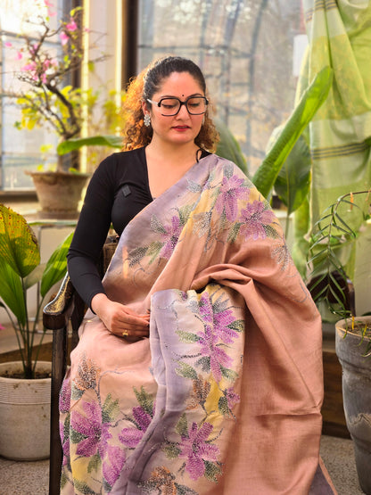 Cinnamon Kantha Pure Silk Saree