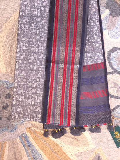 Grey Printed Silk Cotton Saree 1