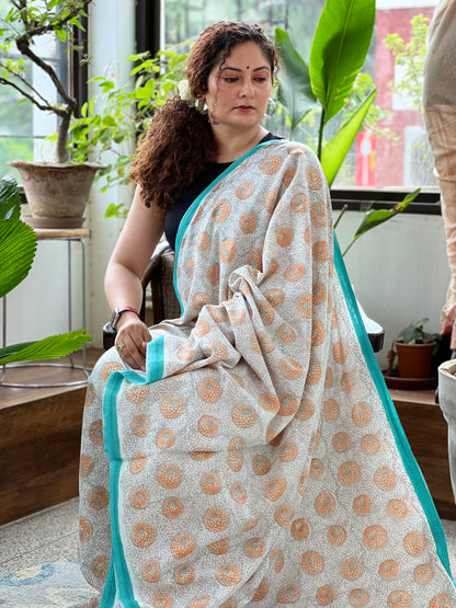 Peach Blue Printed Cotton Saree