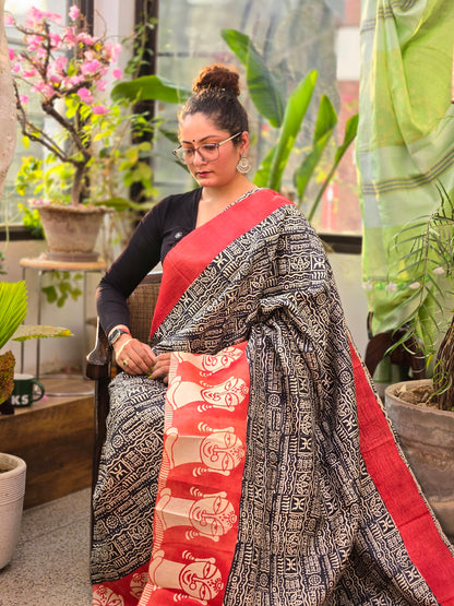 Black Printed Pure Silk Saree