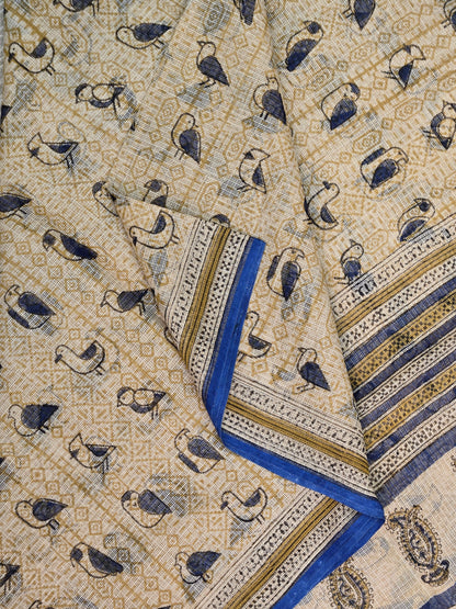 BEIGE BLUE HANDBLOCK KOTA DORIYA SAREE