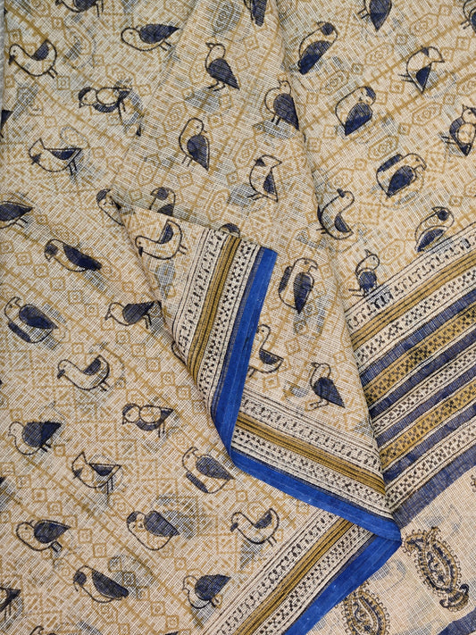 BEIGE BLUE HANDBLOCK KOTA DORIYA SAREE
