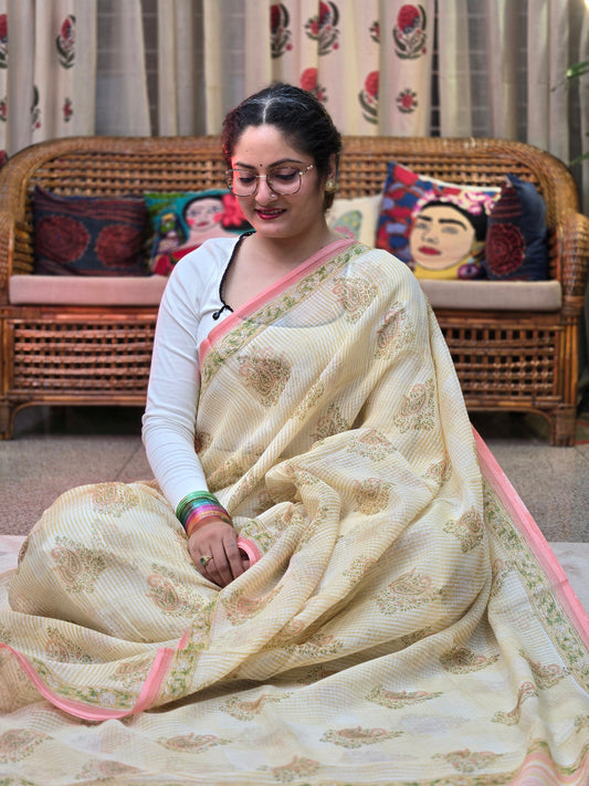 WHITE PEACH HANDBLOCK KOTA DORIYA SAREE
