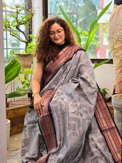 Grey Printed Silk Cotton Saree 3