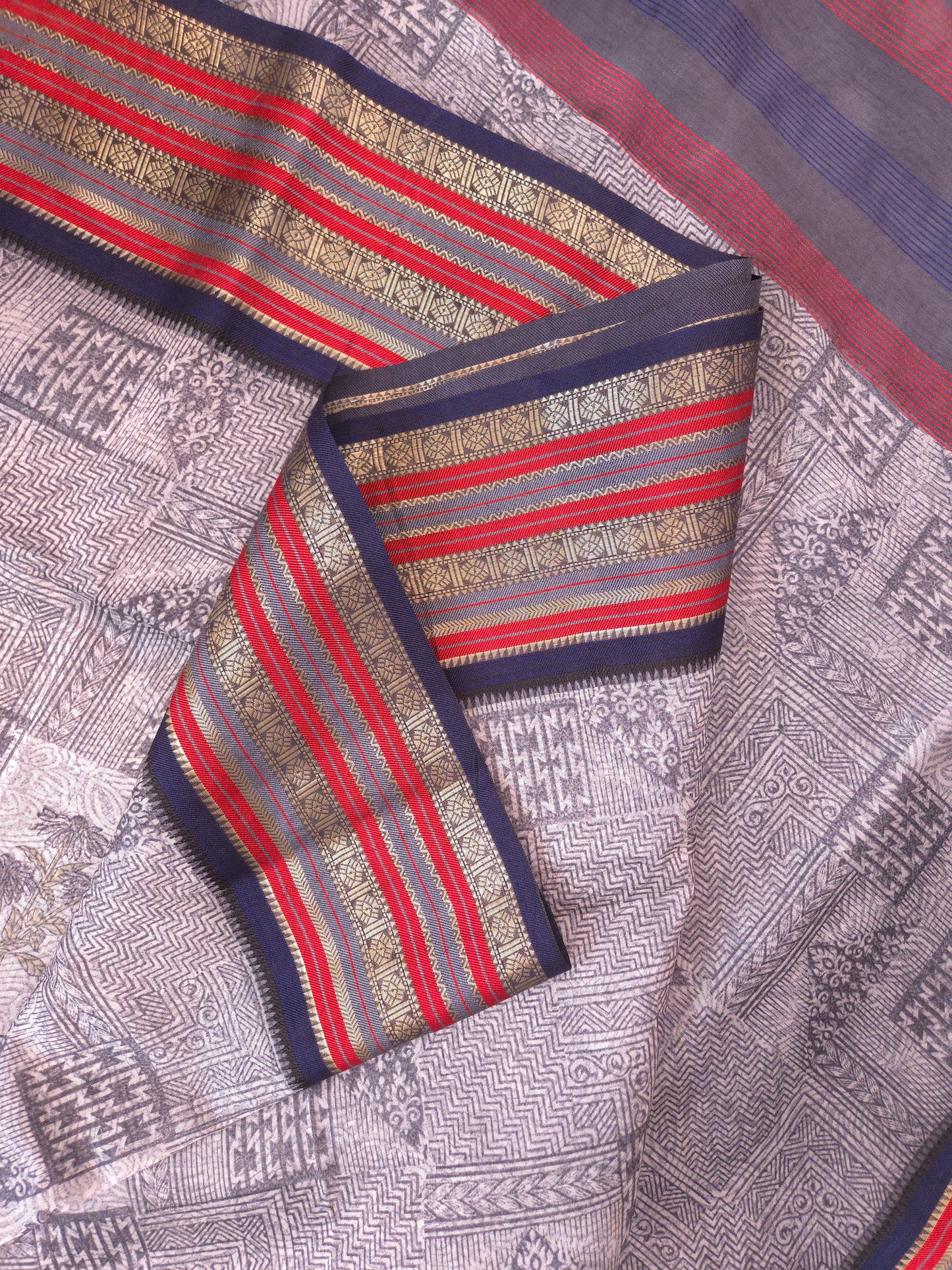 Grey Printed Silk Cotton Saree 3