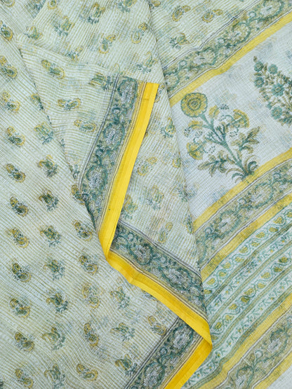 WHITE YELLOW HANDBLOCK KOTA DORIYA SAREE