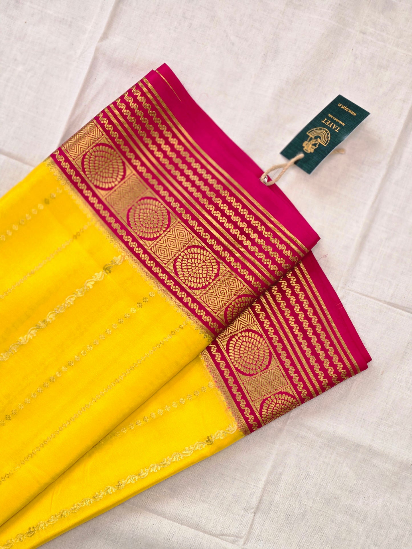 Yellow Pink Myosre crepe Silk Saree