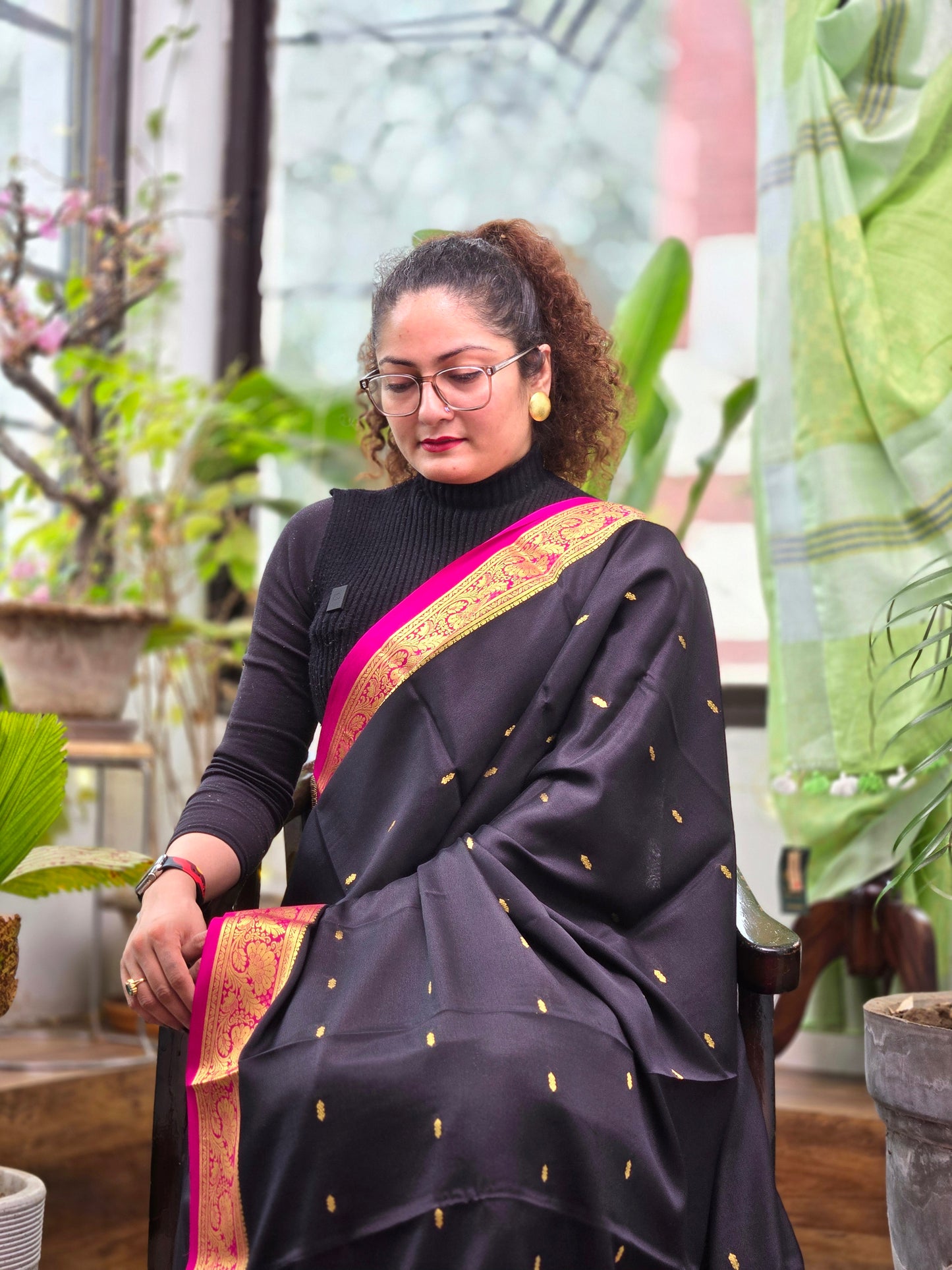 Black Pink Mysore Crepe Silk Saree