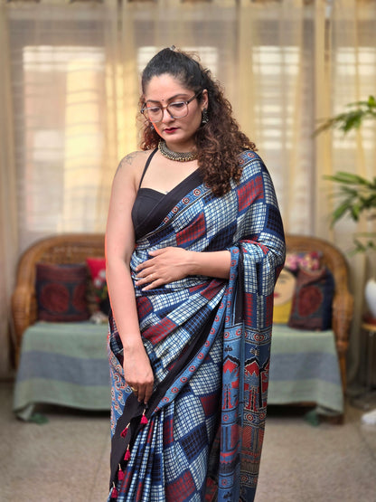 Indigo Printed Modal Silk Saree